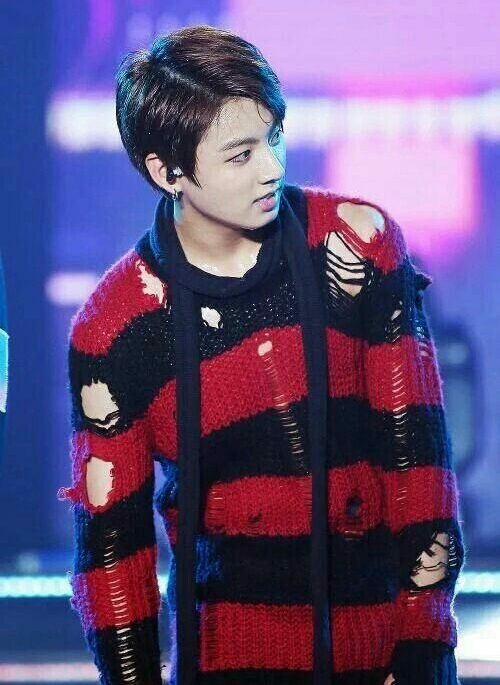 Red And Black Ripped Striped Sweater | Jungkook – BTS