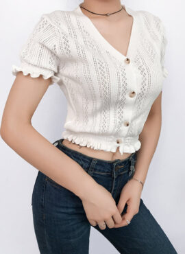 White V-Neck Knit Crop Top | Jennie - BlackPink