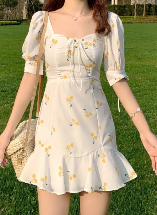 White Fresh Cherry Print Dress | Rose - BlackPink