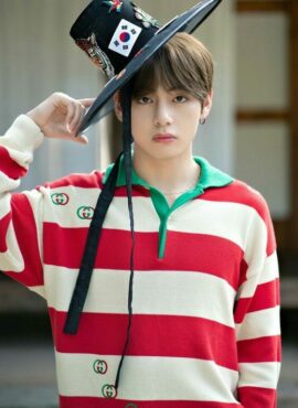 Red Long Sleeved Striped Polo Shirt | Taehyung  - BTS