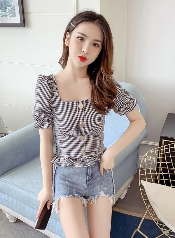 Plaid Trumpet Sleeves Buttons Blouse | Lisa - BlackPink | K-Fashion at ...