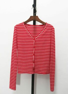 Red Striped Long Sleeve Buttons Cardigan | Seulgi - Red Velvet