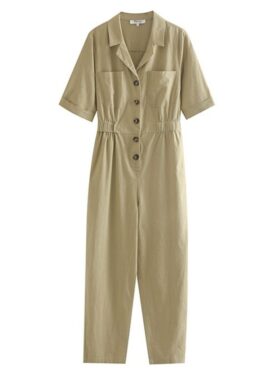 Beige Collared Buttons Jumpsuit | Yuna - ITZY