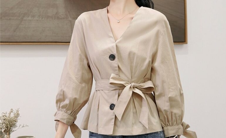 Beige Retro Long Sleeve Buttons And Ribbon Blouse | Yuna – ITZY
