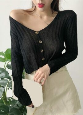 Black Buttoned Short Thin Cardigan | Hwasa - Mamamoo