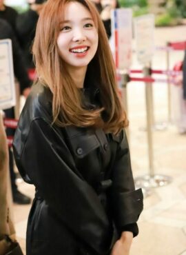 Black Lace Belted Leather Long Jacket | Nayeon -Twice