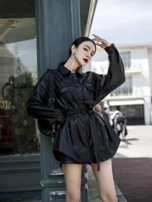 Nayeon Lace belted Leather Long Jacket (5)