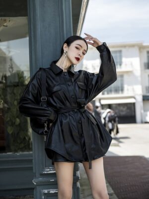 Nayeon Lace belted Leather Long Jacket (5)