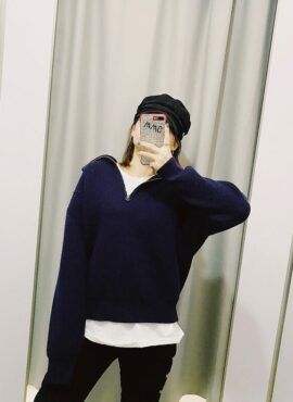 Navy Blue Loose Sweater With Zipper | Rose - BlackPink