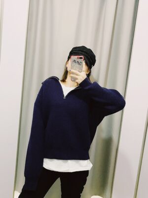 Rose Navy Blue Loose Sweater With Zipper (2)