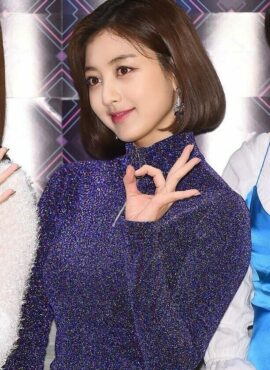 Blue Slim Fit Zip Up Sweater | Jihyo - Twice