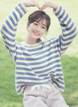 Blue Striped Loose Fitting Sweater
