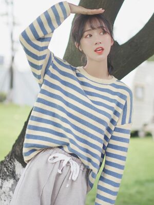 Blue Striped Loose Fitting Sweater