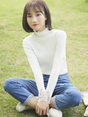 White Sweater With Lace Turtleneck and Sleeves