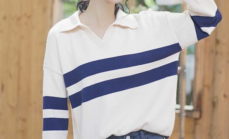 White V-Neck Collared Sweater with Stripes