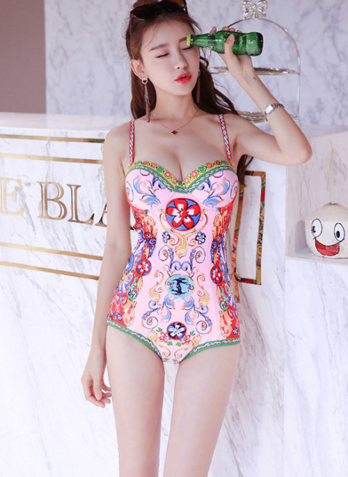 Pink Colorful Baroque Style One Piece Swimsuit | Solar – Mamamoo