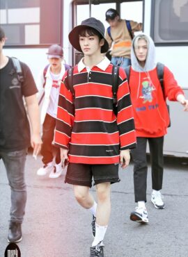 Red And Blue Striped Long Sleeve Polo Shirt | Mark - NCT