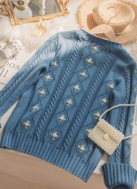 Blue Ruffled Floral Knit Sweater | IU