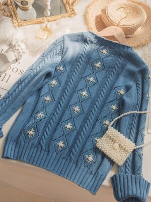 IU Blue Ruffled Floral Knit Sweater (4)