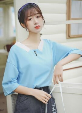 Blue Chic Long Sleeved T-Shirt With Button-Collar