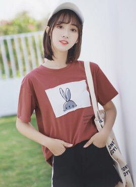 Brown Cute Bunny Print Round Neck T-Shirt