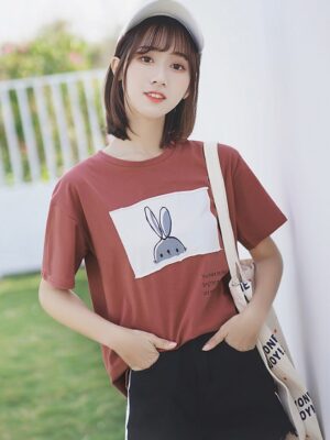 Cute Bunny Print Round Neck T-Shirt (5)