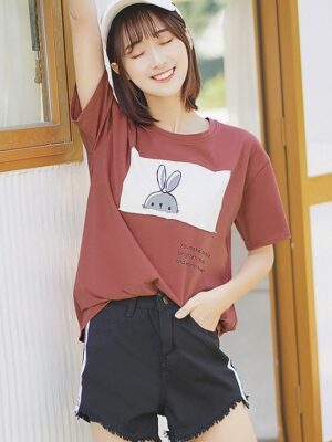 Brown Cute Bunny Print Round Neck T-Shirt