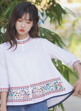 White Floral Embroidered Band Collar and Sleeves Top