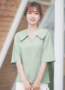 Soft Green Asymmetrical-Buttoned Blouse