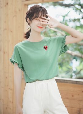 Green Shirred Short Sleeved T-Shirt With Heart Print