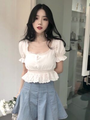 Hyuna Ruffled Lace White Cropped Top 00004