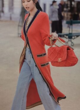 Red Long Cardigan With Black Tape Edging | Jennie - Blackpink
