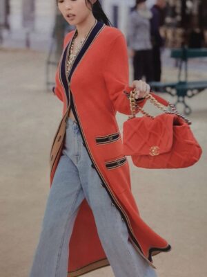 Red Long Cardigan With Black Tape Edging | Jennie – Blackpink