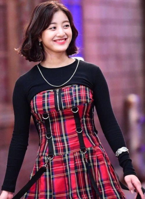 Red Suspendered Plaided Dress | Jihyo - Twice