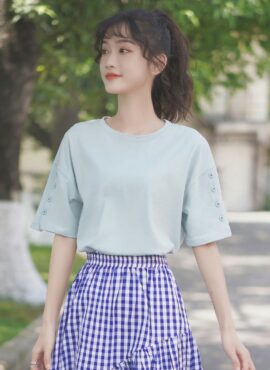 Blue T-Shirt With Buttons Accent On Sleeves