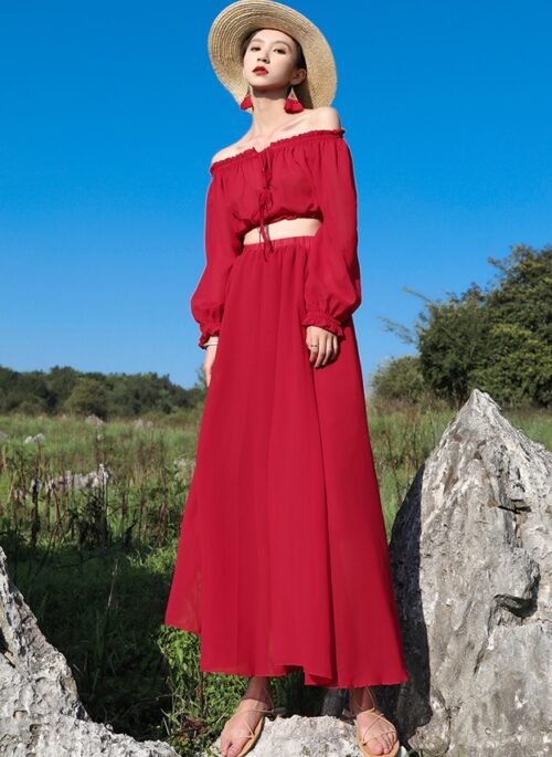 Red Off Shoulder Two-Piece Crop Top And Skirt Set | Solar  – Mamamoo