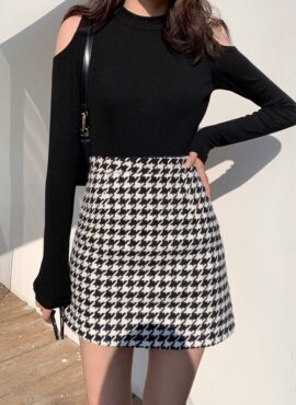 Black and White Houndstooth Wool Skirt | Hyuna