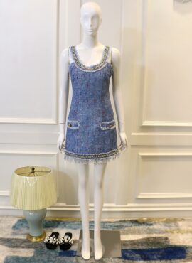 Blue Fringe Tweed Sleeveless Mini Dress | Jisoo - Blackpink