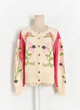 Beige Flower Designed Knit Cardigan | Joy - Red Velvet