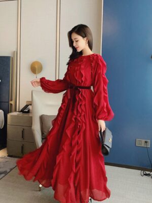 IU – Hotel Del Luna Wine Red Chiffon Dress (12)