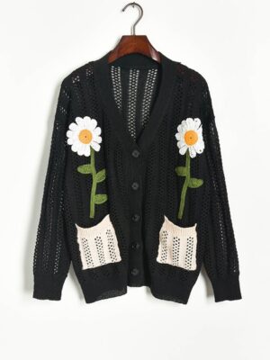 Momo – Twice Black Knitted Cardigan With Daisy Embroidery (20)