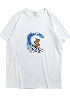 White Surfing Bear Print T-Shirt | Seungmin - Stray Kids