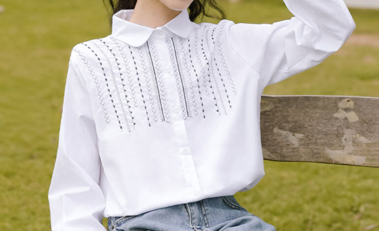 Half Top Embroidery White Shirt