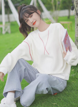 White Sweater With Red Stitches Designed