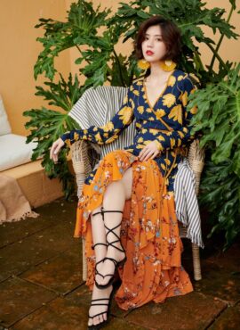Orange And Blue Boho Floral Print Beach Dress | Soojin - (G)I-DLE