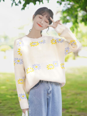 Yellow And Blue Flowers Apricot Sweater (5)