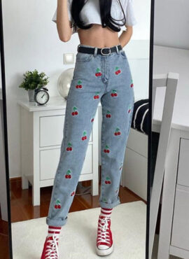 Blue Cherries Embroidered Pattern Jeans | Lia- ITZY