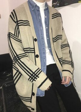 Beige Plaid Knitted Cardigan | Mingyu - Seventeen