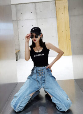 Blue Inner Cut-Out Ringed Denim Jeans | Wheein - Mamamoo