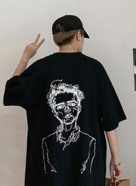 Black Oversized T-Shirt With Man Sketch Print | Taehyung- BTS